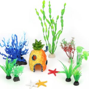 12 Pieces Fish Tank Decorations - 7 X Artificial Aquarium Plants Plastic Hydroponic, 3 X Colorful Starfish, 1 X Coral, 1 X Pineapple Castle Hideouts, Fish Tank Accessories for Aquatic Decoration