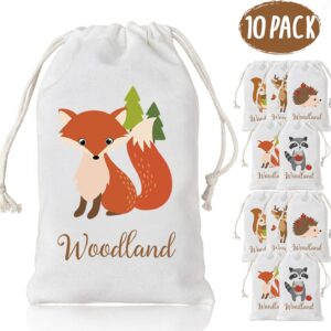 Woodland Animal Party Favour Bags 10 Pack, Woodland Creature Cotton Gift Bag Drawstring Bag, Reusable Candy Bags, Small Treat Bags for Birthday Party, Baby Shower, Wedding Party Supplies 5x8''