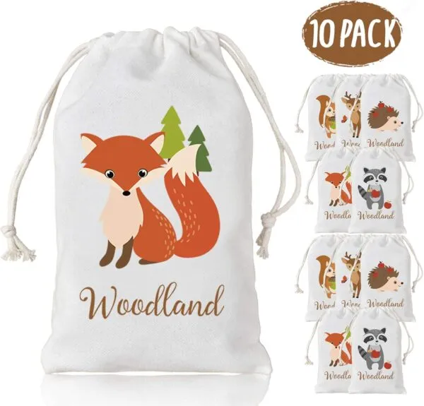 Woodland Animal Party Favour Bags 10 Pack, Woodland Creature Cotton Gift Bag Drawstring Bag, Reusable Candy Bags, Small Treat Bags for Birthday Party, Baby Shower, Wedding Party Supplies 5x8''