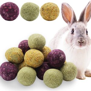 Hioph 15 Pcs Rabbit Chew Toys for Teeth, Guinea Pig Chew Treats, Natural Flowers Flavored Timothy Hay Ball, Small Animals Molar Balls Bunny Hamsters Gerbils Groundhog Squirrels Teeth Care