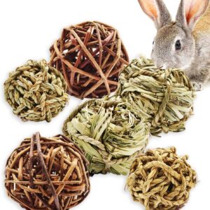 Hioph 6 Pcs Rabbit Chew Ball, Bunny Treats Chew Toys for Teeth, Small Animal Natural Timothy Grass Molar Ball, Guinea Pigs Activity Play Rattan Woven Balls