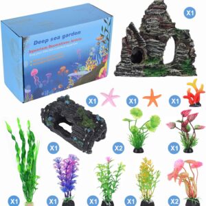 QZQ Aquarium Decorations Plastic Plants 14 PCS Fish Tank Plants Fish Tank Decorations Accessories Decor Set with Resinous Rockery Hideouts Coral Aquarium Plants and Resin Starfish