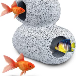 FuninCrea Fish Tank Decoration Accessories, Aquarium Decor Rock Caves Fighting Fish House Hide Place Tunnels Ceramic Aquarium Ornament for Shrimp Cichlid Masking and Breeding (Double Layer)