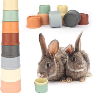 WALLFID 8 PCS Stacking Cups for Rabbits-Bunny Toys for Hiding Food and Playtime Fun,BPA-Free Safe Plastic Pet Toys,Multi-Coloured and Various Sizes (Morandi Colour)