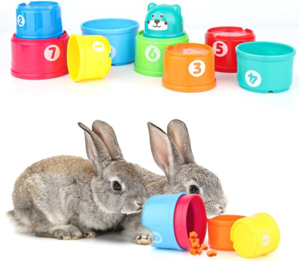 WALLFID 8 PCS Stacking Cups for Rabbits-Bunny Toys for Hiding Food and Playtime Fun,BPA-Free Safe Plastic Pet Toys,Multi-Coloured and Various Sizes (Number)