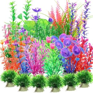 Kingrun 30PCS Aquarium Fish Tank Plastic Plants, Vivid Underwater Plants Decorations Artificial Water Plants Aquarium Plant Landscape Safe for All Fish - Assorted Color