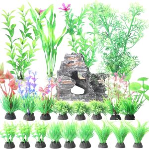 RJMBMUP Fish Tank Decorations，Artificial Plastic Plants with Rockery View Aquarium Ornaments Multicolor Accessories Set for Tropical Goldfish