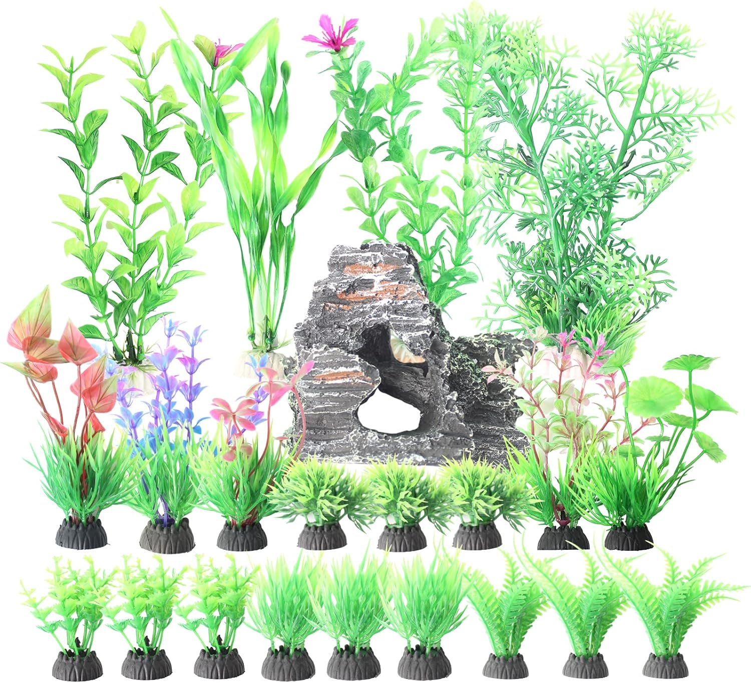 RJMBMUP Fish Tank Decorations，Artificial Plastic Plants with Rockery View Aquarium Ornaments Multicolor Accessories Set for Tropical Goldfish