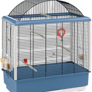 Ferplast Cage for Canaries and Other Small Exotic Birds PALLADIO 4, Complete With Accessories and Revolving Feeders, Painted Metal Black With Blue Plastic Frame and Bottom, 59 x 33 x h 69 cm