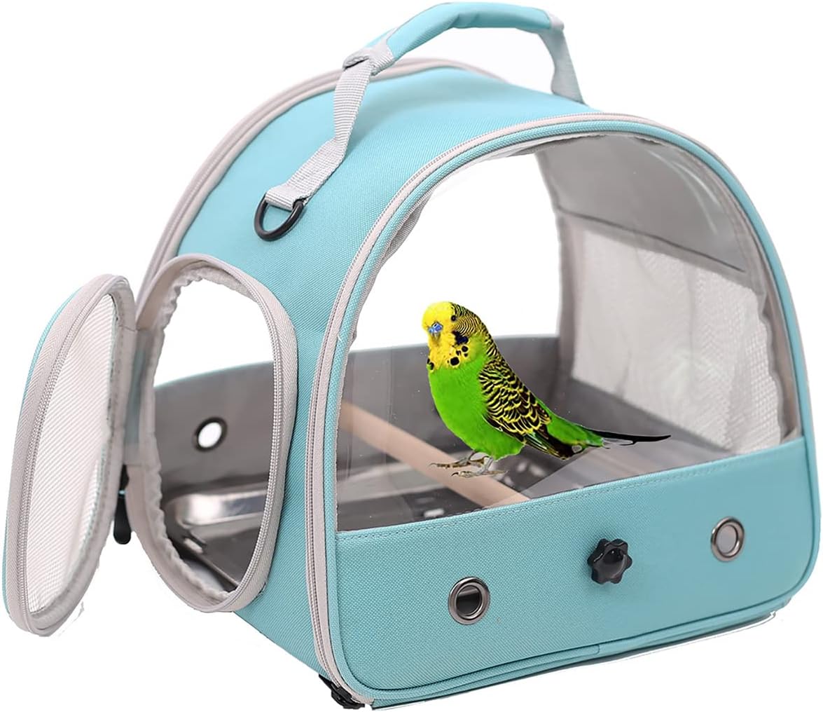 Interfashioner® Small Bird Travel Carrier, Portable Bird Cage for Parrot Parakeet Budgie Reptile with Stainless Steel Tray and Wooden Perch (Green)