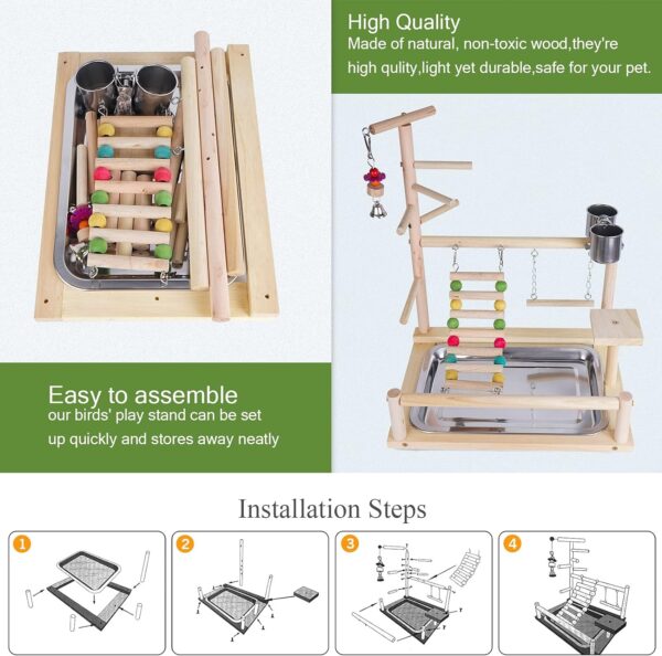 Bird Perch Stand Toy, Wooden Parrot Playground Gym, Budgie toys, Bird Cage - budgie cage - parrot cage Accessories for Small Parakeets, Cockatiels, Finches, Budgie(40 * 26 * 8CM) - Image 4