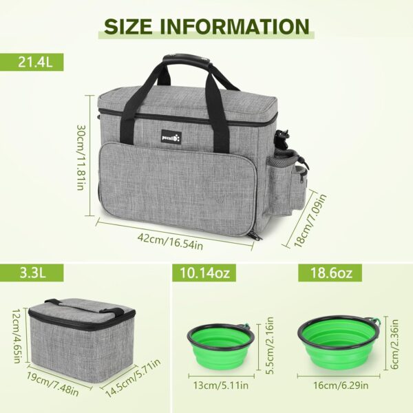 pecute Dog Travel Bag Large, Portable for Travel, Pet with Multi-Function Pockets, Tote Organizer Outdoor use Set 2 Food Bags + Collapsible Bowls, Grey - Image 8