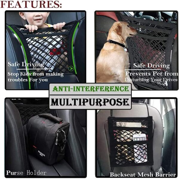 Candora Car Dog Guard Pet Barrier Dog Car Net Barrier with Auto Safety Mesh Organizer Stretchable Storage Bag Universal for Cars, SUVs,3 Layer Pet Dogs Car Driving Accessories Safety Travel - Image 2