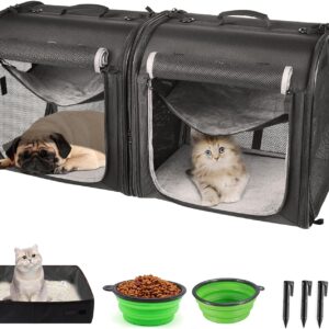 wakytu Portable 2-in-1 Pet Carrier for Medium Dogs Large Cat 2 Cats Travel Double Dog Crate Set with Carry Bag/Hammocks/Mats/Tent Stakes/2 Pcs Bowls Outdoor Camping, 2.0 Black