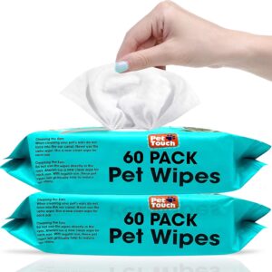 Pet Touch X 60 Pack All Purpose PET WIPES for daily Cleaning of your Dogs and Cats Deodorizing ALCOHOL FREE and WET Moist Dog Paw Cleaner & Dog Ear Cleaner Wipes Pack (120 Wipes)