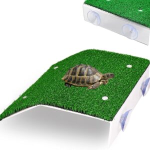 1Pcs Turtle Basking Platform with Suction Cup Tortoise Ramp Resting Terrace, Tortoise Ramp Reptile Ladder Aquarium Fish Tank Ramp Ladder Lifelike Green Turf, for Most Small Turtles