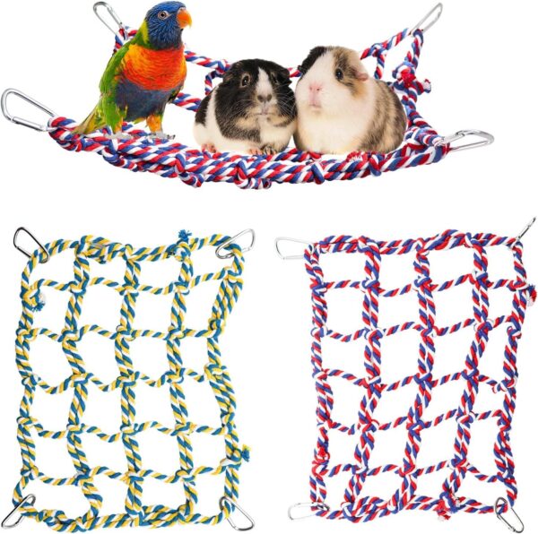 2 Pack Colorful Bird Rope Net, Rat Climbing Rope Net, Pet Hanging Hammock, Bird Ladder Rope Bridge, Small Animal Rope Net Toy, Cage Decor Accessories for Rat Hamster Bird Ferret - 28 × 20 cm