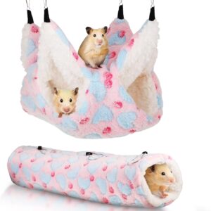 2 Pieces Small Pet Cage Hammock Hanging Tunnel Mats Set, Small Animals Bed Hanging Cage Guinea Hammock Cage Nap Sack for Hamster Ferret Rat Guinea Pig Toys Sleeper Cage Hideout Accessories (Pink)