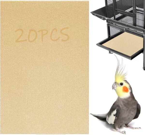 20 Pcs Gravel Liner Paper for Bird Cage, 11 x 17 inch Birdcage Liner Bedding Calcium Paper Special for Bird Cage in Sea Sand, Easy Clean Pet Sandpaper, Light Yellow Sandpaper for Parrots Cockatiels