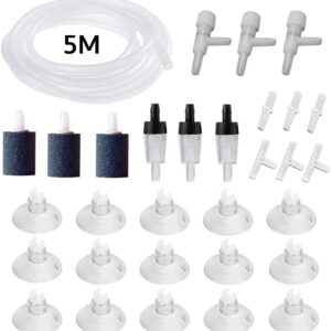 31 Pcs Air Pump Accessories for Fish Tank, 5M Airline Tubing, 3 Air Stone Cylinder, 3 Check Valves, 15 Airline Tube Holders/Clamps, 3 Aquarium Air Valve, 6 Connectors for Aquarium Pump and Hydroponics