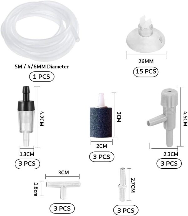 31 Pcs Air Pump Accessories for Fish Tank, 5M Airline Tubing, 3 Air Stone Cylinder, 3 Check Valves, 15 Airline Tube Holders/Clamps, 3 Aquarium Air Valve, 6 Connectors for Aquarium Pump and Hydroponics - Image 2
