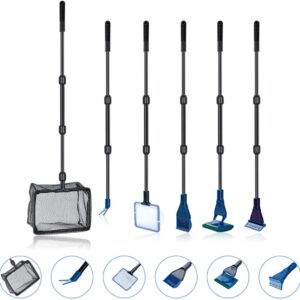 6 in 1 Aquarium Glass Tank Cleaning kit, Spoon Net, Gravel Rake, Plant Fork, Scraper, Sponge, Connector, Fish Net Tool Set, for Domestic Fish Tank Maintenance