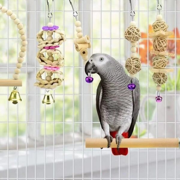 8 Pcs Bird Toys, Wooden Bird Cage Budgie, Parrot Bird Chewing Natural Wood Hanging Swing and Jumping Budgie Accessories - Image 3
