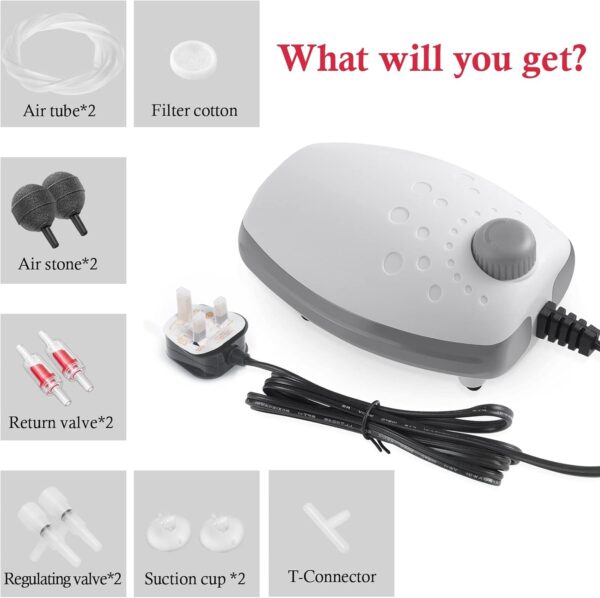 PYPABL 3W Aquarium Air Pump, 300L/H Silent Adjustable Fish Tank Bubbler, Powerfu Oxgen Pump for 1-450L Fish and Turtle Tank - Image 2