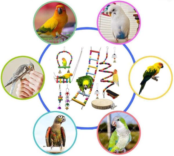 10Pack Pet Bird Toys Bead Swing Bell String Wood Nibble Skewer Bridge Ladder Station Board Platform Skateboard Cage Accessories for Parrot Macaw Parakeet Conure Cockatiel Budgie & Lovebirds Gift - Image 7