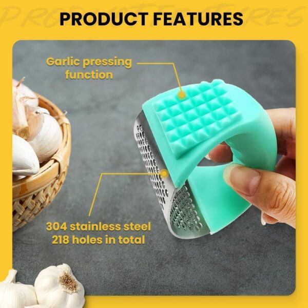 Stainless Steel Garlic Press, Garlic Press Rocker Garlic Mincer, Garlic Chopper with Peeler and Cleaning Brush, Garlic Mincer for Crushing Garlic Tools (Black) - Image 3