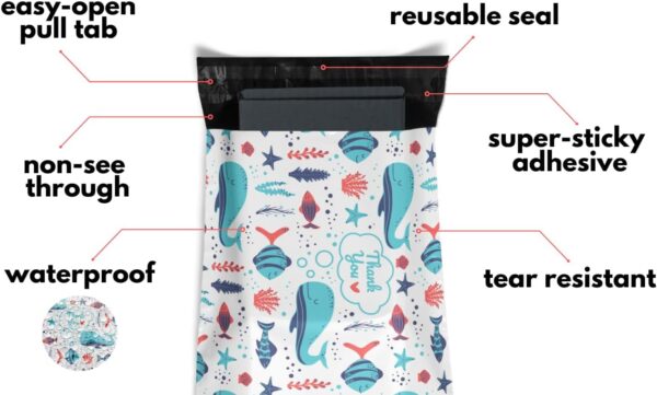 10x13 Poly Mailers 100 Pack | Under The Sea | Reusable Shipping Supplies Envelopes | Plastic Small Business Clothing Packaging Mailing Bags | Self Seal Animal Whale Fish Thank You - Image 2