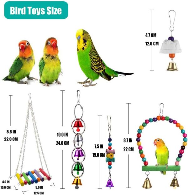 10Pack Pet Bird Toys Bead Swing Bell String Wood Nibble Skewer Bridge Ladder Station Board Platform Skateboard Cage Accessories for Parrot Macaw Parakeet Conure Cockatiel Budgie & Lovebirds Gift - Image 2