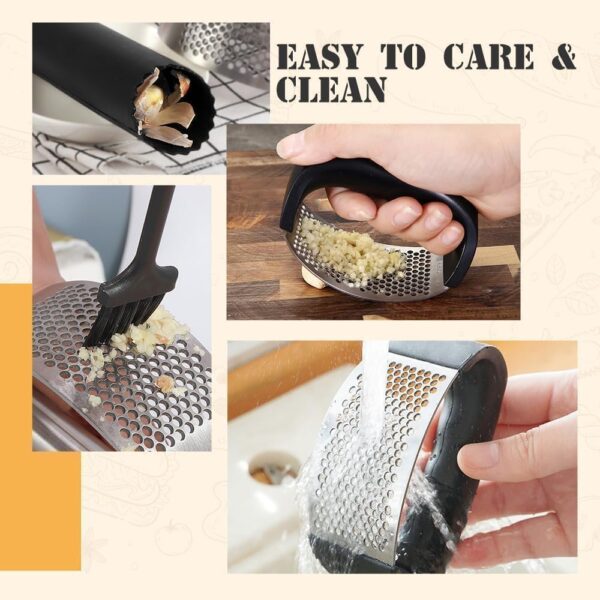 Stainless Steel Garlic Press, Garlic Press Rocker Garlic Mincer, Garlic Chopper with Peeler and Cleaning Brush, Garlic Mincer for Crushing Garlic Tools (Black) - Image 5