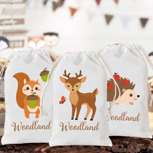 Woodland Animal Party Favour Bags 10 Pack, Woodland Creature Cotton Gift Bag Drawstring Bag, Reusable Candy Bags, Small Treat Bags for Birthday Party, Baby Shower, Wedding Party Supplies 5x8'' - Image 3