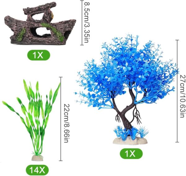 Aquarium Fish Tank Decorations, 16 Pcs Blue Tree & Green Seaweed & Shipwreck Decor Ship Ornament, Artificial Plastic Plants Set for Betta Fish, Goldfish, Turtle - Image 2