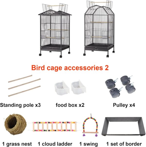 THCSY Bird Cage, Large Luxury Parrot Cage, 39.9'' Portable home Bird Carrier Cage with Rolling Stand, Standing Pole, Feeder, Toy Accessories, for Parakeets and African Grey Parrot (Color : Black-B2) - Image 6