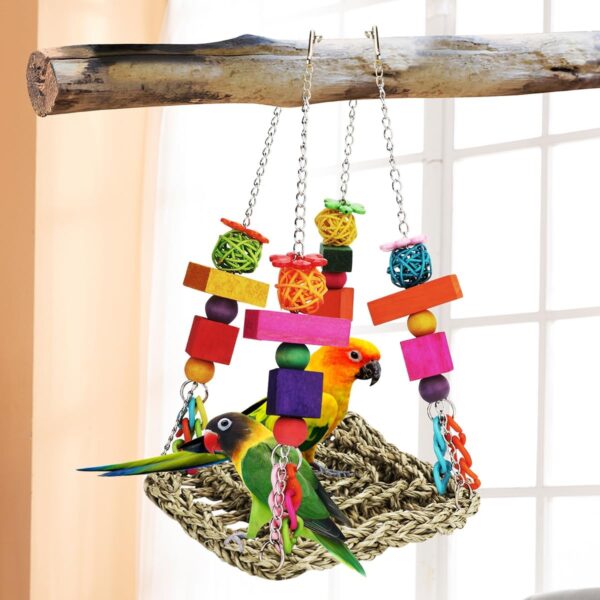 Bird Toys Parakeet Toys Conure Toys Bird Foraging Wall Toy,Seagrass Woven Hammock Swing Mat for Climb Perch Swing with Colorful Wooden Chewing Toys for Lovebirds,Parakeets,Conure,Cockatiel (Middle) - Image 5