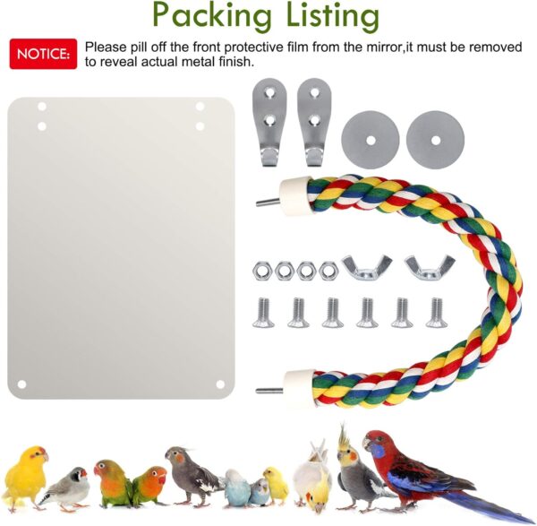 HYLYUN 7 Inch Bird Mirror with Rope Perch Cockatiel Mirror for Cage Bird Toys Swing Parrot Cage Toys for Parakeet Cockatoo Cockatiel Conure Lovebirds Finch Canaries - Image 2