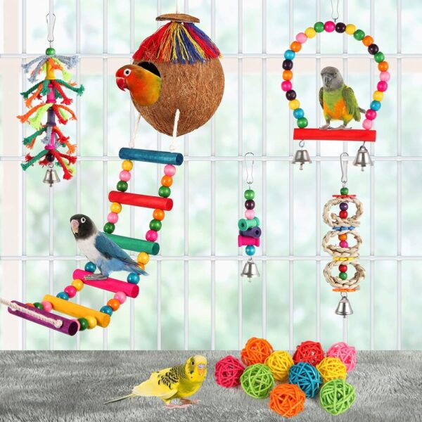 Parakeet Toys Bird Parrot Toys Colorful Swing Chewing Hanging Toys with Bells Climbing Ladder Coconut Bird Cage Toys for Small Cockatiels,Conures,Finches,Budgie,Macaws,Love Birds - Image 4