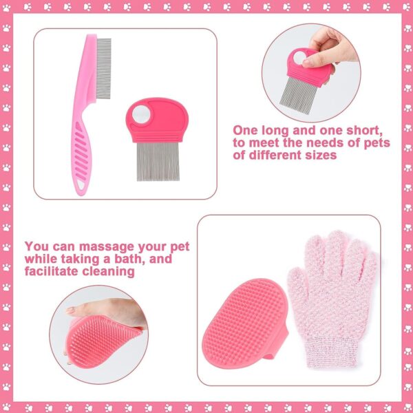 8 Pcs Small Animal Pink Grooming Kit, Rabbit Grooming Kit with Pet Nail Clipper and File, Flea Comb, Pet Shampoo Bath Brush, Pet Shedding Slicker Brush, Bath Massage Glove, Cleaning Comb - Image 6