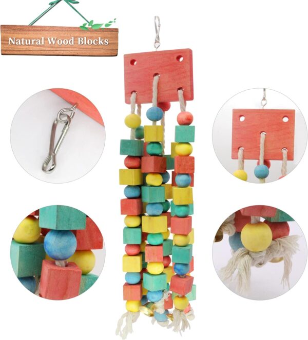 MQUPIN Newest Bird Chewing Parrot Toys,Parakeet Cage Bite Toys,Hanging Chewing Multicolored Wooden Blocks Tearing Budgie Toys for Small Parrots Cockatiels African Grey Parrot Toys(Colorful) - Image 2