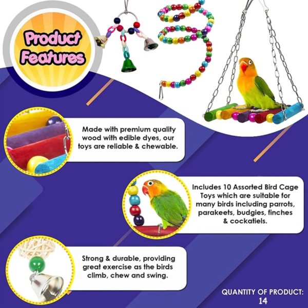 BIPY 14 PCS Bird Parrot Toys Cage Hanging Bell Ball Hammock Swing Ladder Toy Pet Bird Mirror Scooter Chewing Perches Wooden Toys for Parrots Parakeets Birds Finches Random Color - Image 3