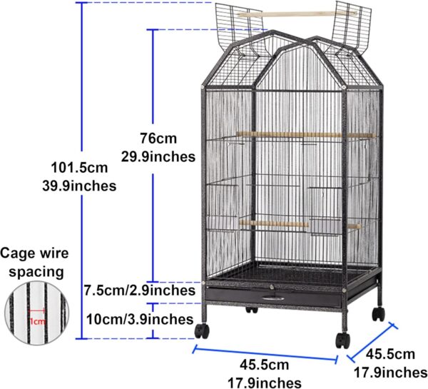 THCSY Bird Cage, Large Luxury Parrot Cage, 39.9'' Portable home Bird Carrier Cage with Rolling Stand, Standing Pole, Feeder, Toy Accessories, for Parakeets and African Grey Parrot (Color : Black-B2) - Image 7