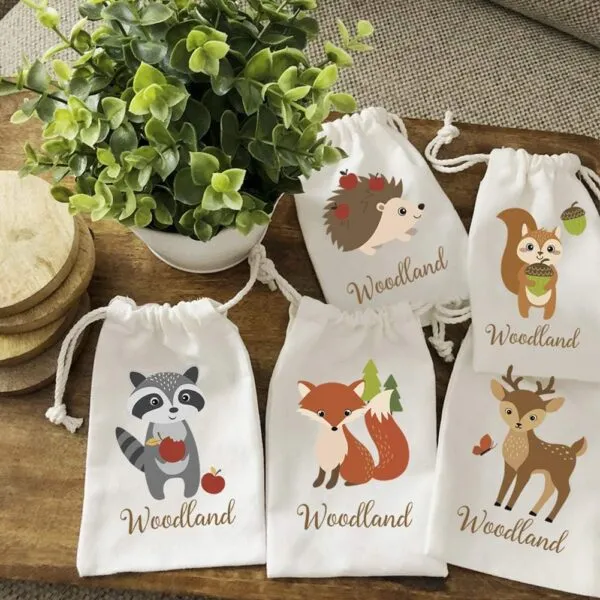 Woodland Animal Party Favour Bags 10 Pack, Woodland Creature Cotton Gift Bag Drawstring Bag, Reusable Candy Bags, Small Treat Bags for Birthday Party, Baby Shower, Wedding Party Supplies 5x8'' - Image 4