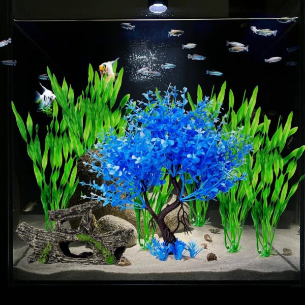 Aquarium Fish Tank Decorations, 16 Pcs Blue Tree & Green Seaweed & Shipwreck Decor Ship Ornament, Artificial Plastic Plants Set for Betta Fish, Goldfish, Turtle - Image 3