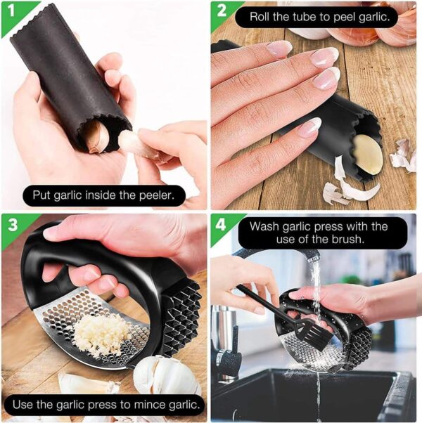 Stainless Steel Garlic Press, Garlic Press Rocker Garlic Mincer, Garlic Chopper with Peeler and Cleaning Brush, Garlic Mincer for Crushing Garlic Tools (Black) - Image 2