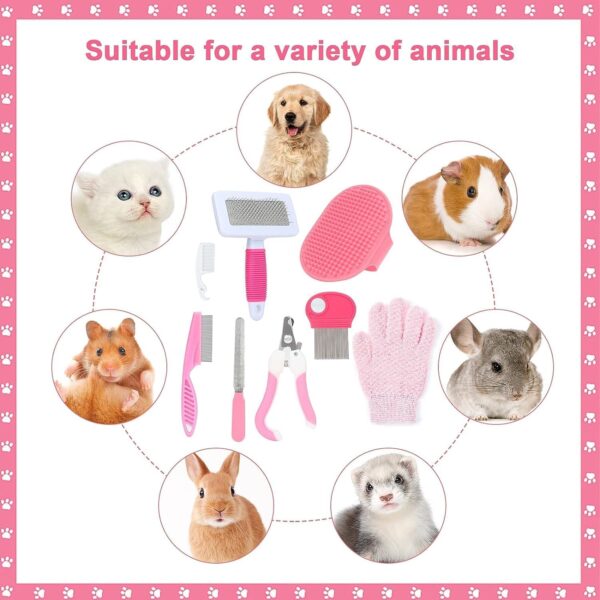 8 Pcs Small Animal Pink Grooming Kit, Rabbit Grooming Kit with Pet Nail Clipper and File, Flea Comb, Pet Shampoo Bath Brush, Pet Shedding Slicker Brush, Bath Massage Glove, Cleaning Comb - Image 7