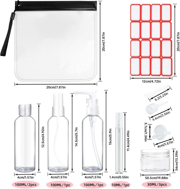 Roosea 11 Pcs Travel Bottles for Toiletries 100ml Travel Containers for Toiletries Clear Travel Bottles Set Refillable Empty Cosmetic Bottles for Travel Makeup with Labels and Storage Bag - Image 2