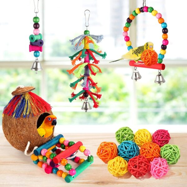 Parakeet Toys Bird Parrot Toys Colorful Swing Chewing Hanging Toys with Bells Climbing Ladder Coconut Bird Cage Toys for Small Cockatiels,Conures,Finches,Budgie,Macaws,Love Birds - Image 5