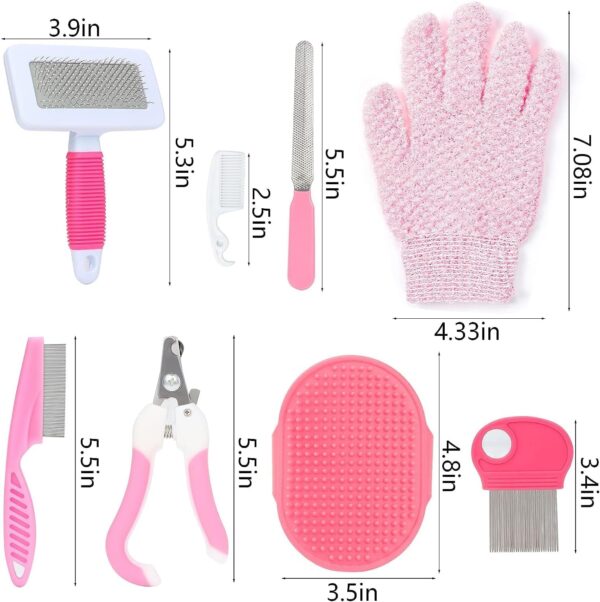8 Pcs Small Animal Pink Grooming Kit, Rabbit Grooming Kit with Pet Nail Clipper and File, Flea Comb, Pet Shampoo Bath Brush, Pet Shedding Slicker Brush, Bath Massage Glove, Cleaning Comb - Image 2